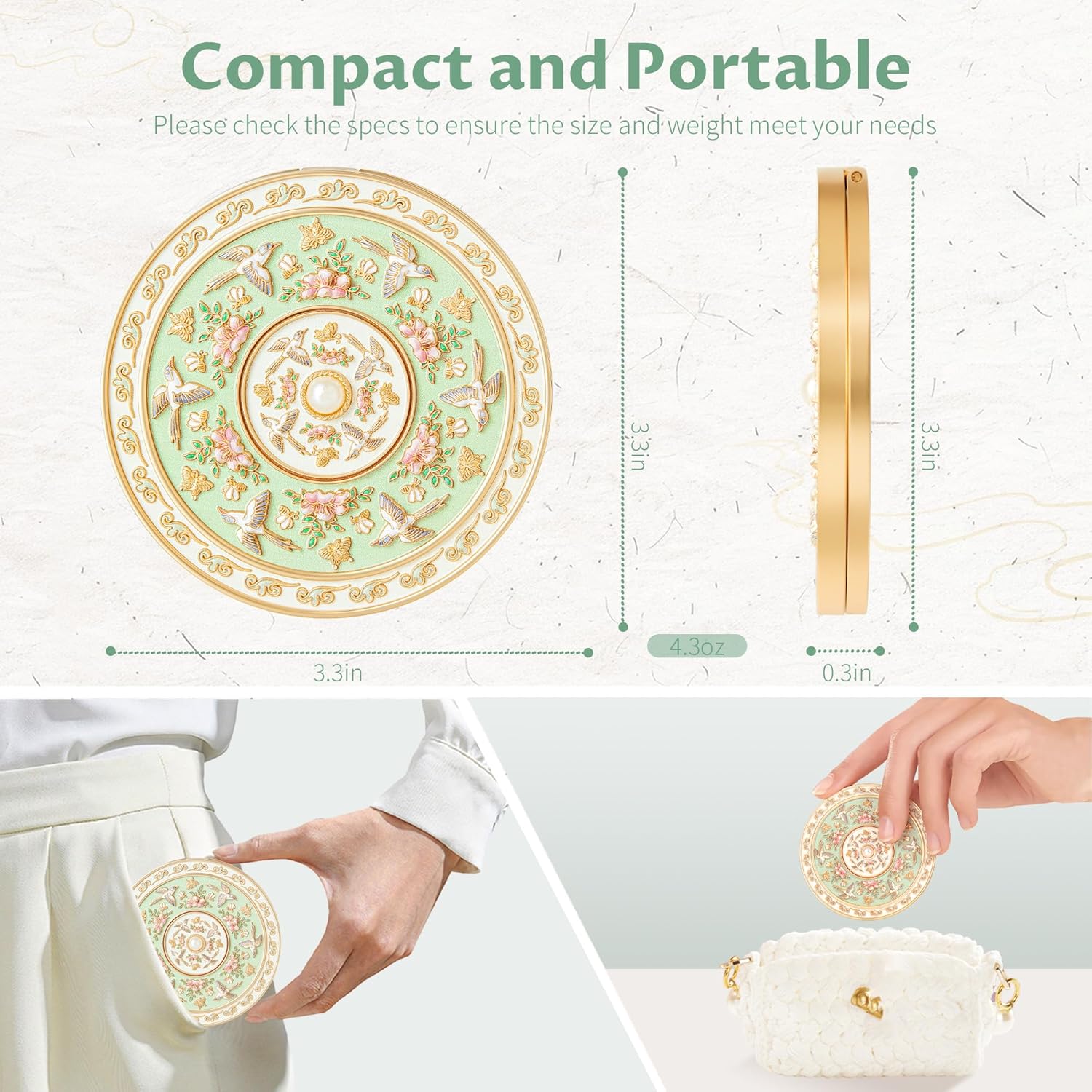 Compact Mirror, Mini Travel Makeup Mirror Small Magnifying Mirror for Purse Bag Pocket, Portable Folding Vanity Mirrors with Cute Storage Pouch