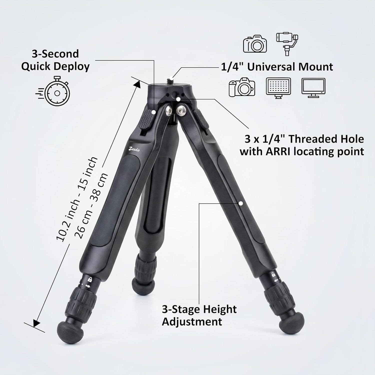 Zeadio Adjustable Camera Tripod, Portable Aluminum Tabletop Travel Tripod, 3-Stage Height Adjustable, with 1/4" Mount for DSLR, Gimbal, Smartphone, Action Camera etc