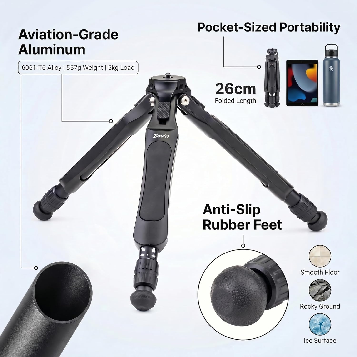 Zeadio Adjustable Camera Tripod, Portable Aluminum Tabletop Travel Tripod, 3-Stage Height Adjustable, with 1/4" Mount for DSLR, Gimbal, Smartphone, Action Camera etc